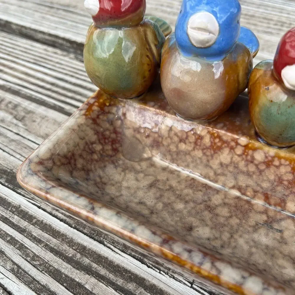Vintage Hand Painted Ceramic Bird Tray Rustic Pottery Catchall Farmhouse Dish